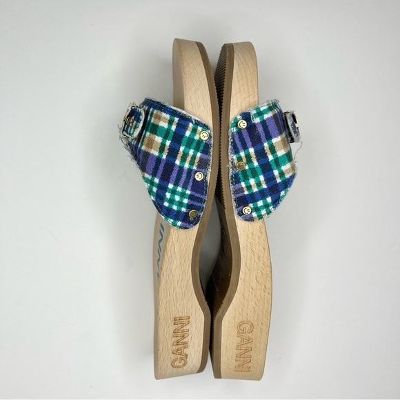 GANNI x Dr. Scholl's Blue Plaid Buckle Wooden Clog Slides Sandals Retro NEW - Picture 6 of 14
